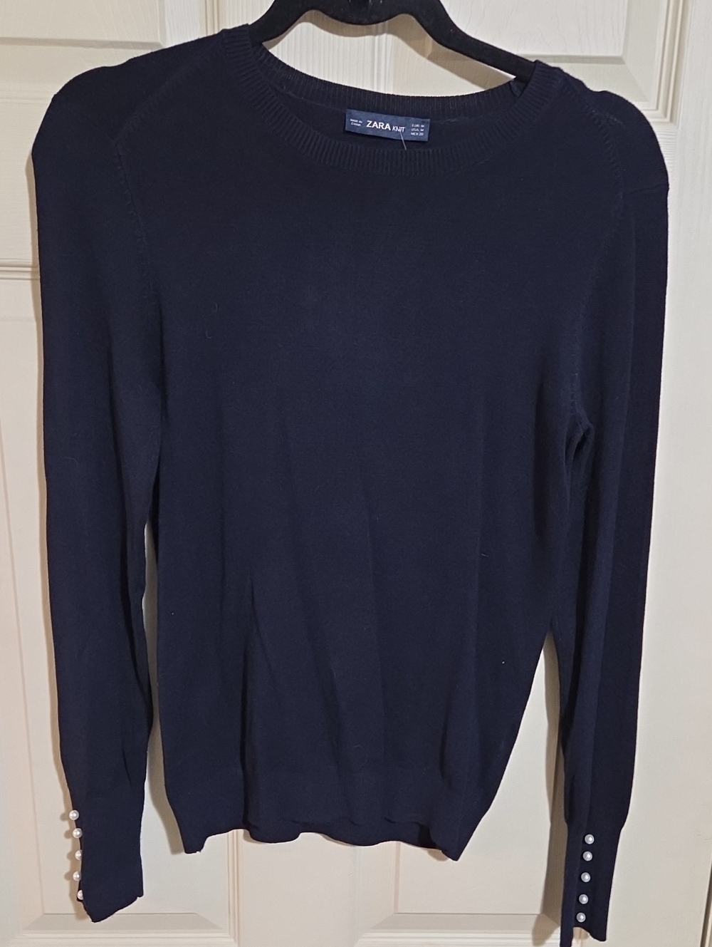 Zara  Dark Navy Crewneck Sweater with Pearl Cuff